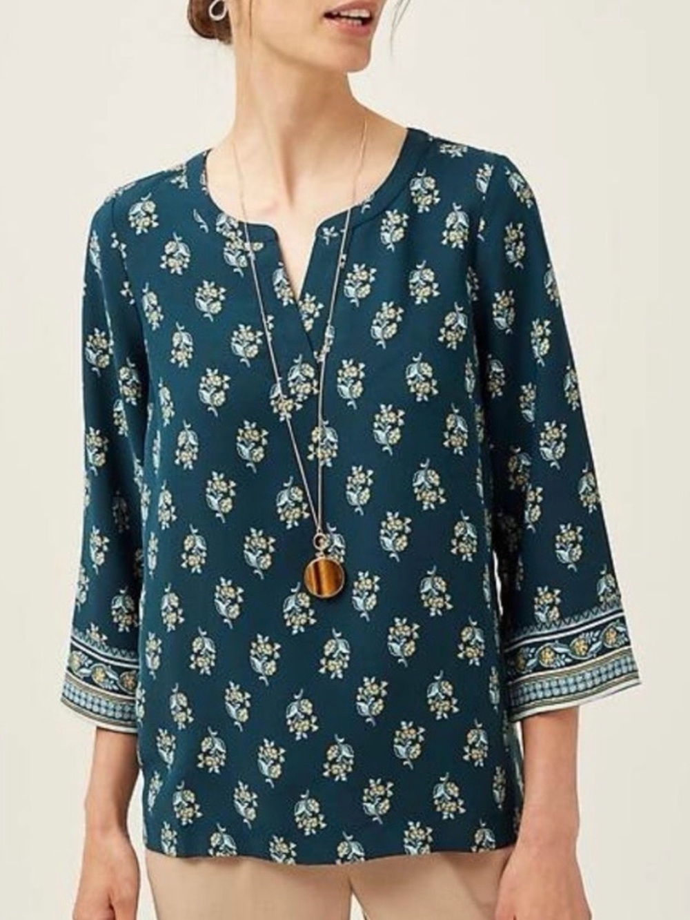 J. Jill Wearever Easy-Care Printed Top Tunic Teal Gold Floral Ladies XS Women’s